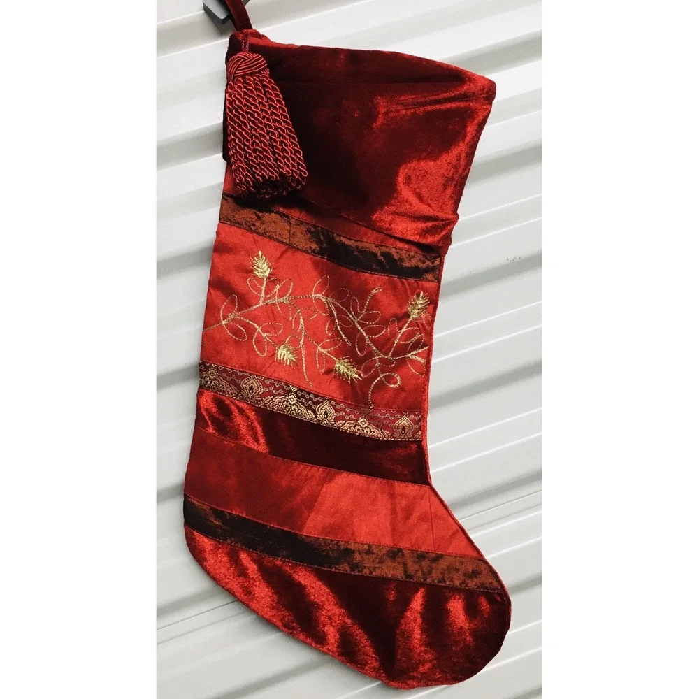 Christmas Stocking Red Velvet and Satiny Embroidered Gold Accents and Tassel